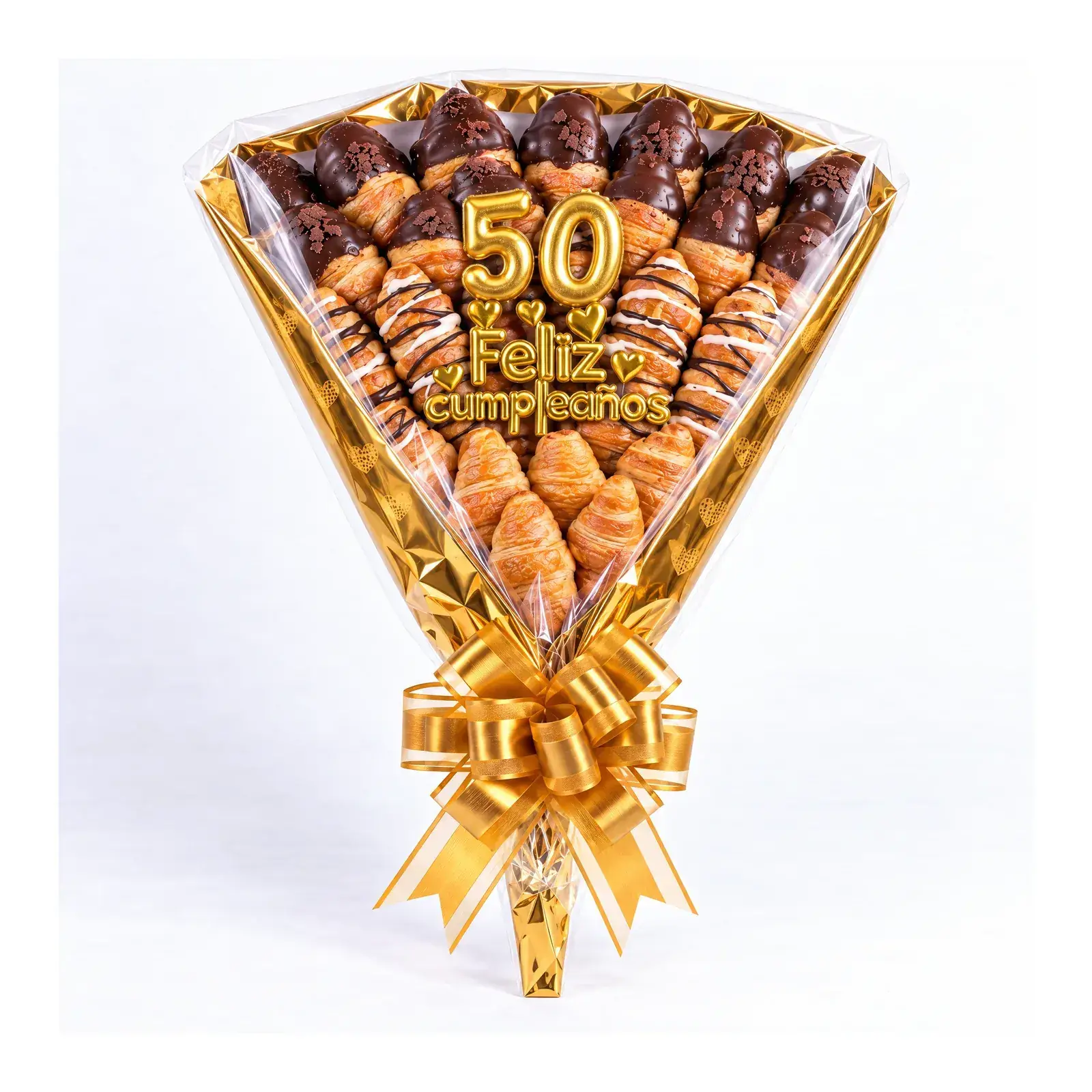Ramo de croissants de cumpleaños con envoltorio dorado y cartel de feliz cumpleaños
