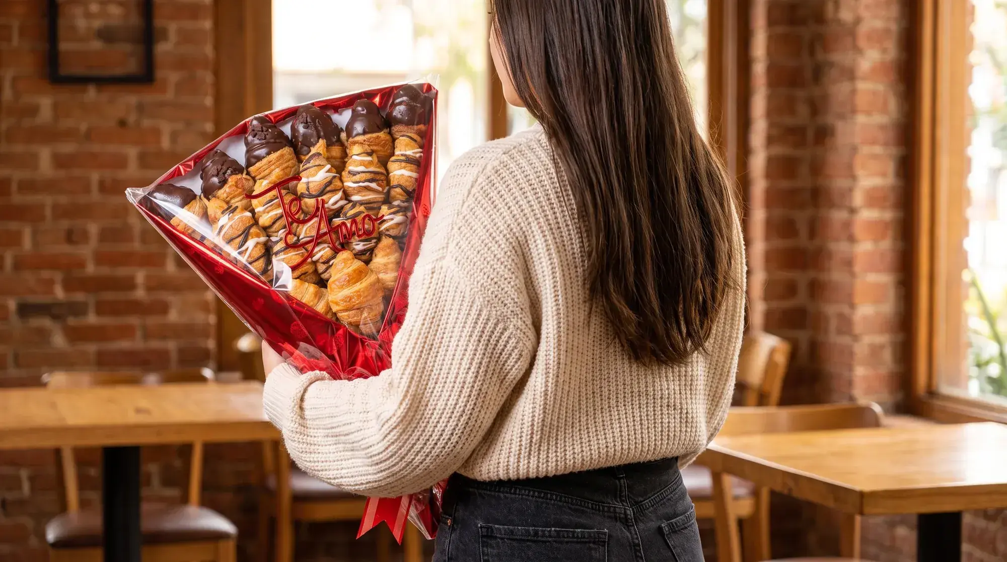 Chica con su ramo de croissants en el brazo